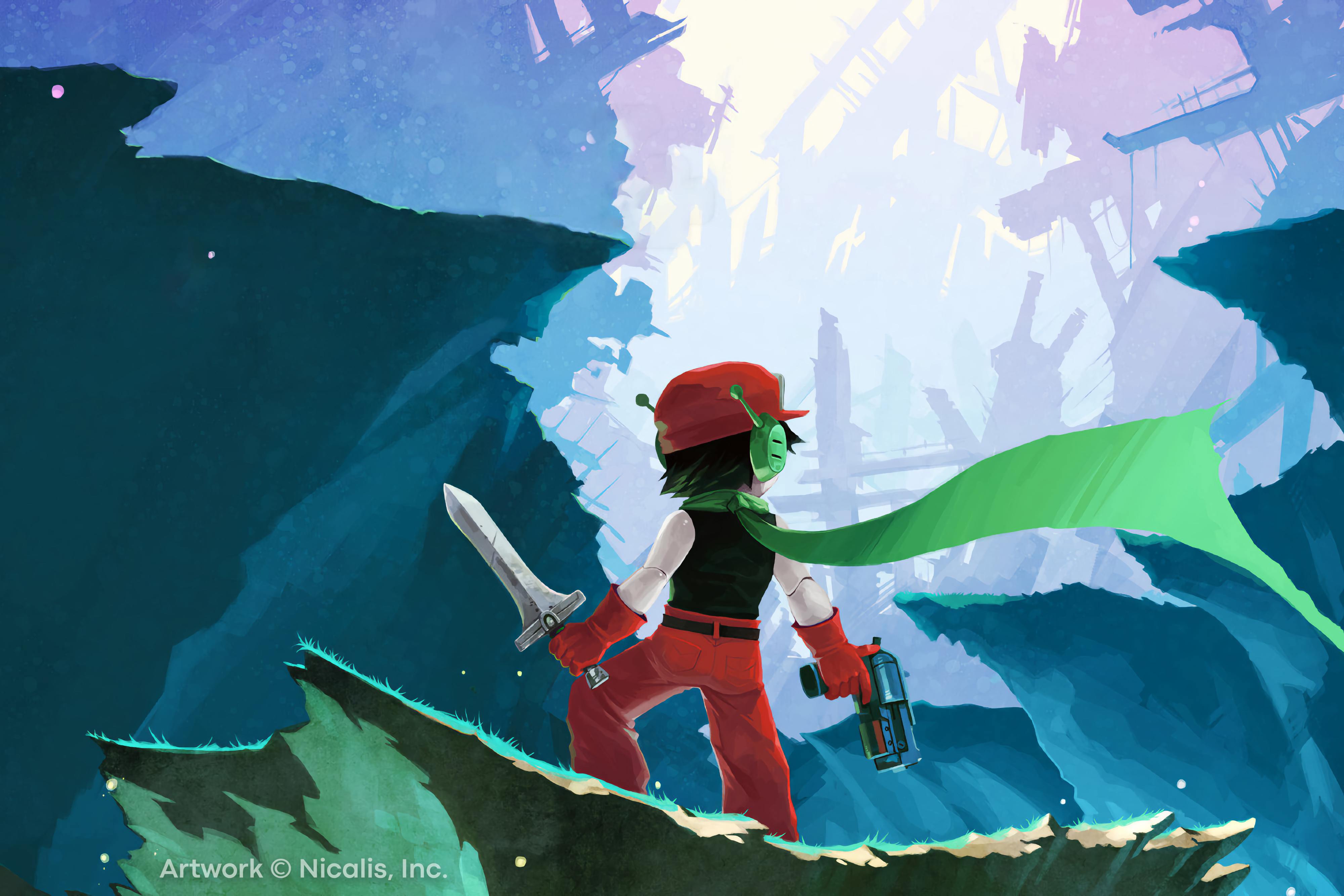 Heroic painting of the protagonist as seen from behind. Scarf flapping in the wind, he gazes upward, holding the Blade in one hand and the Polar Star in the other.
