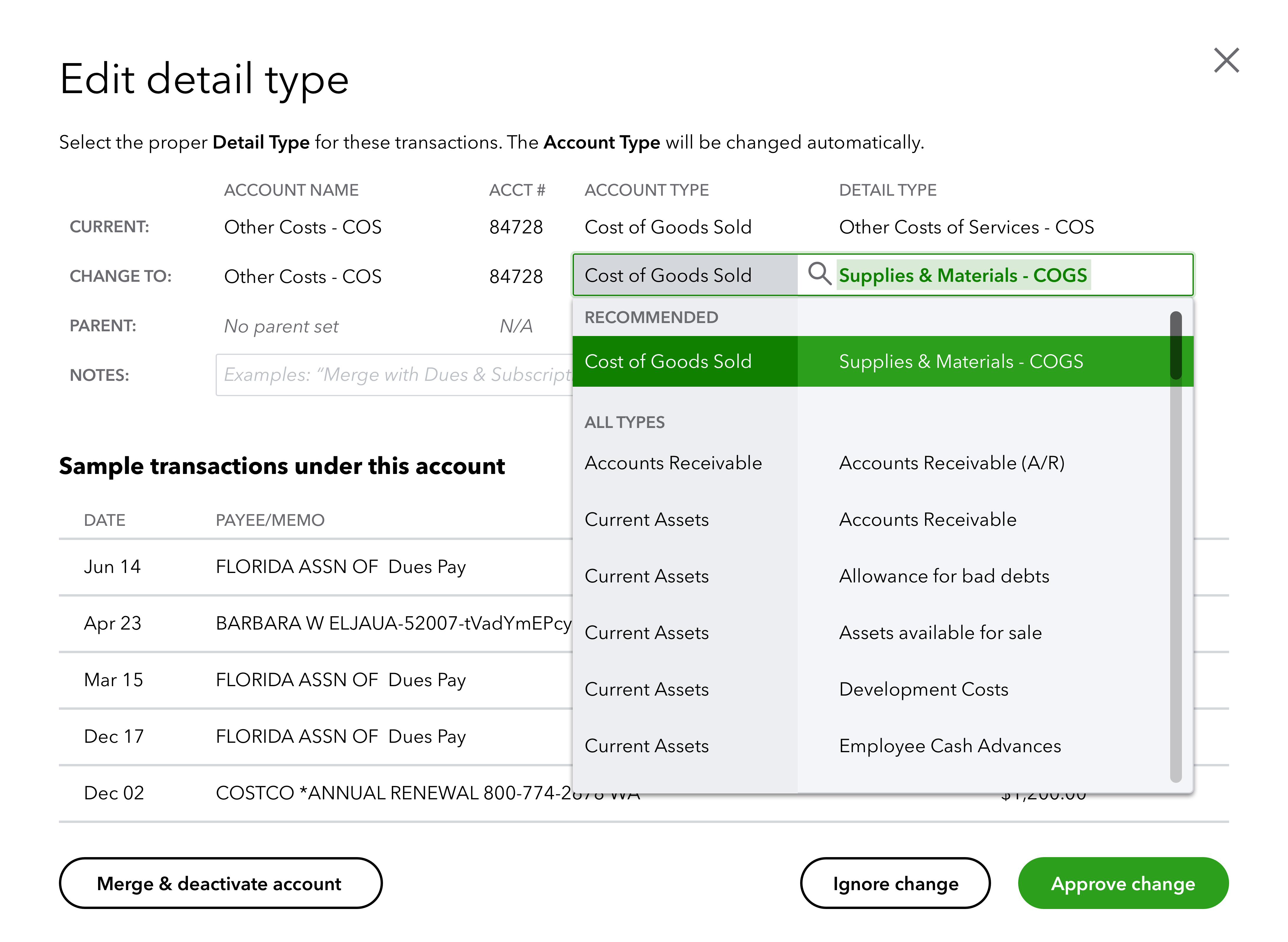 A modal dialog showing the transactions in the account, alongside recommendations for updating the detail type.