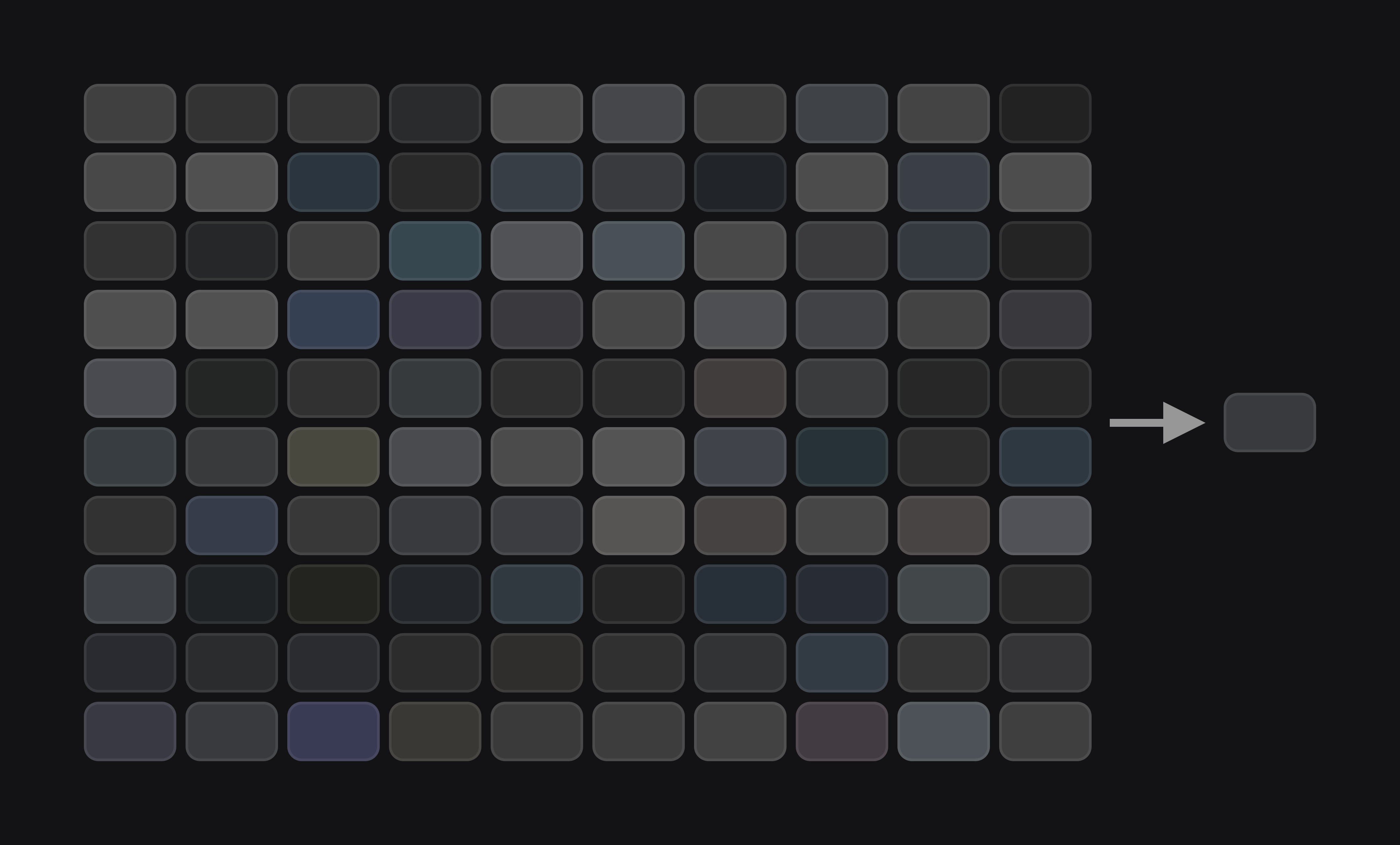 A sample of the colors found in QuickBooks, showing 100 off-palette swatches being conformed to 1 color.