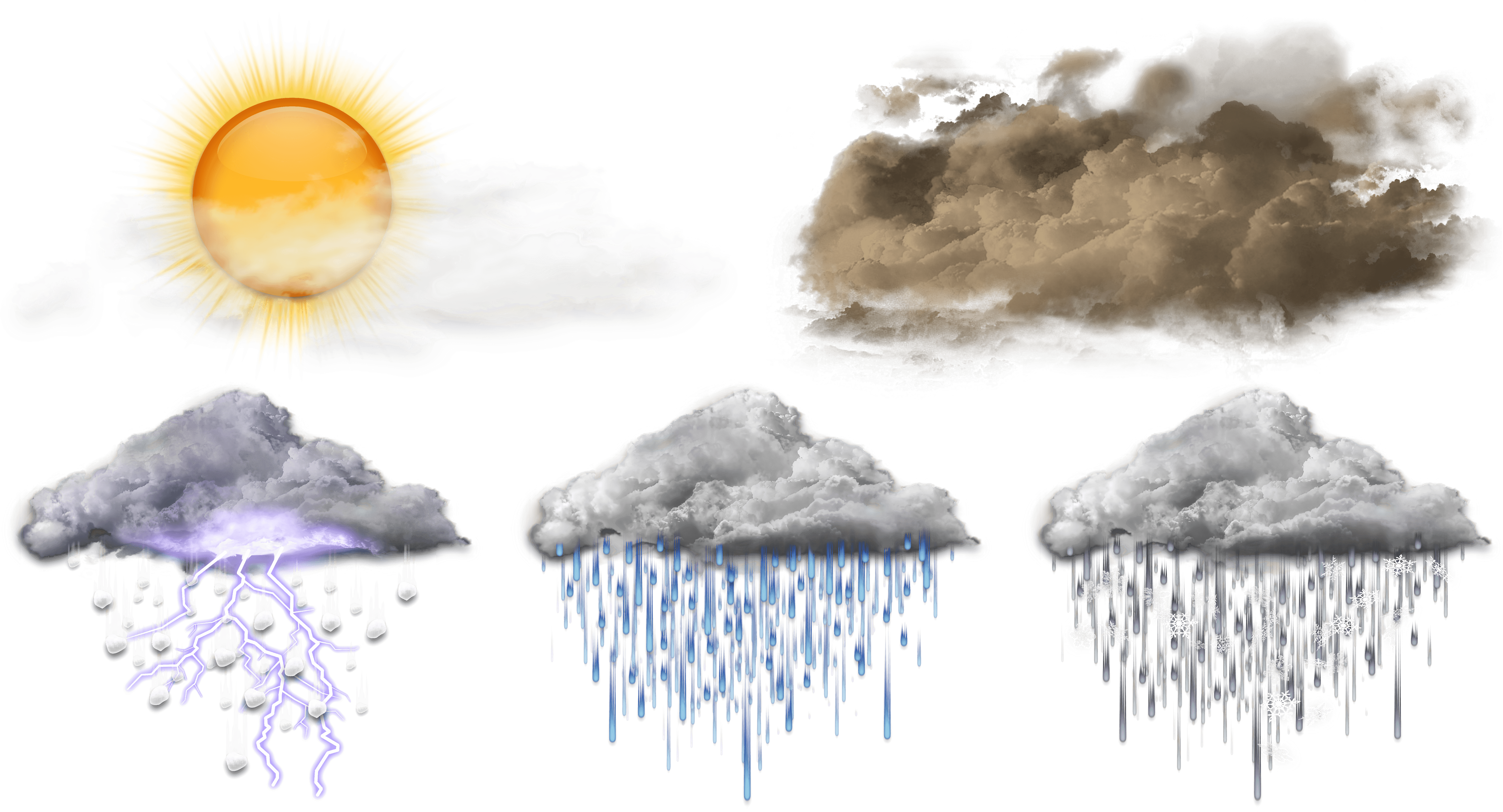 High-resolution, intricately detailed depictions of the previous set of weather icons.