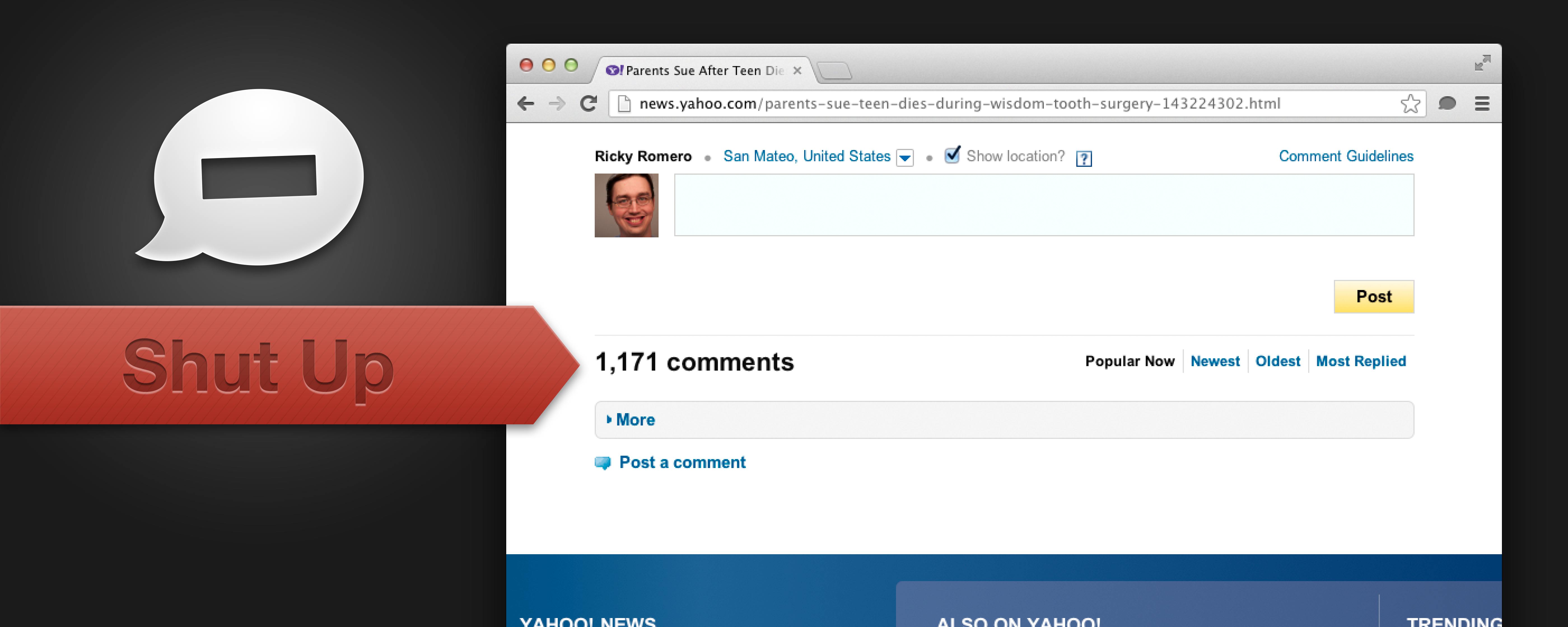An archived promotional image of Shut Up hiding comments on Yahoo! News in Chrome.